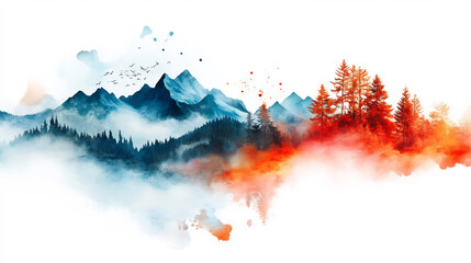 Dreamlike Watercolor Landscape Illustration: Serene Mountains and Autumn Forest. AI Generated