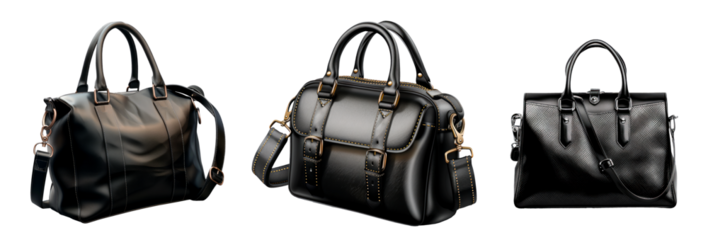 Set of casual black leather women's bag, isolated on transparent background. PNG element.