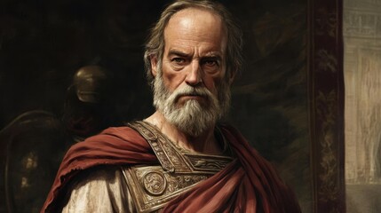 Naklejka premium National Saul Day Elderly caucasian male in ancient roman armor with red cloak