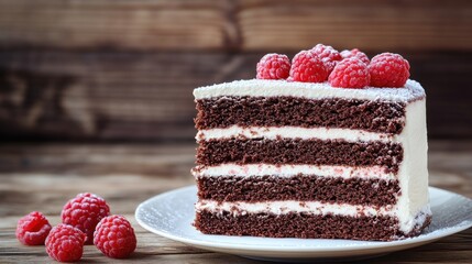 Chocolate cake features layers of cream and fresh raspberries on a rustic plate against wooden backdrop