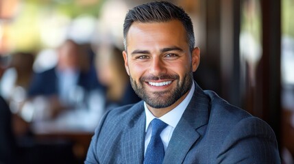 Obraz premium A cheerful man with a beard is engaging with others while seated at a restaurant