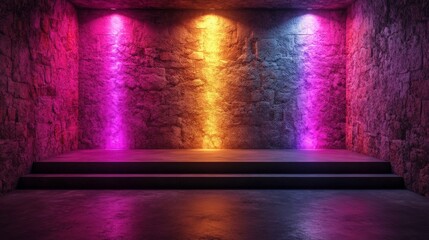 Obraz premium Vibrant Neon Lights Projecting on a Textured Stone Wall in an Empty Stage Space Ideal for Events, Performances, or Creative Photoshoots