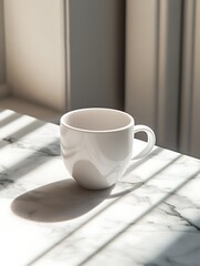 Fototapeta premium Close-up Photo: Clean White Mug Mockup, Sunlit Marble Surface. AI Generated