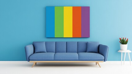 Modern Living Room with Colorful Artwork and Blue Wall Decoration