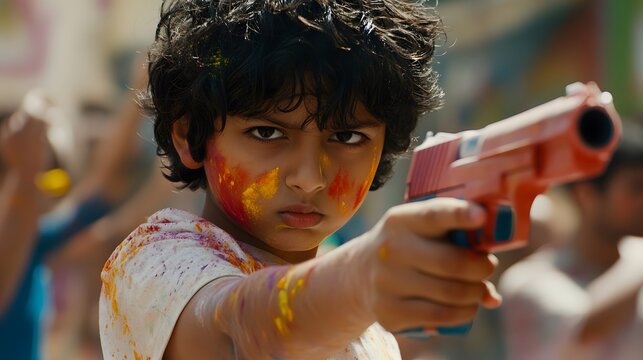 A young boy, his face covered in Holi colors, holds a toy gun with a serious expression. The vibrant colors contrast with his intense gaze, creating a compelling image.