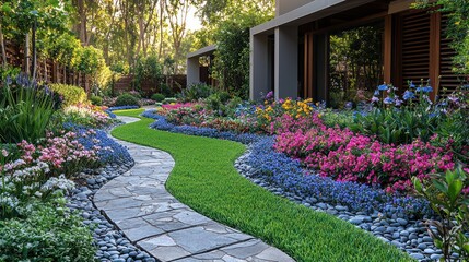 A luxurious garden with a blend of manicured lawns, colorful flowerbeds, and a minimalist stone pathway under warm, natural lighting.
