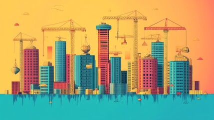 Fototapeta premium Vibrant Cityscape with Construction and Flat Design Style