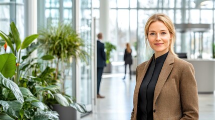 Fototapeta premium Young woman in a brown blazer stands confidently in a contemporary office filled with plants