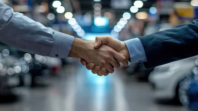 Two individuals shake hands to finalize a business deal at a bustling car dealership