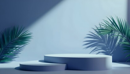 3d render, abstract minimal pastel blue background. Empty stage with three cylinder podiums, palm leaf shadow and bright sunlight. Minimal showcase for presentation of organic cosmetic products