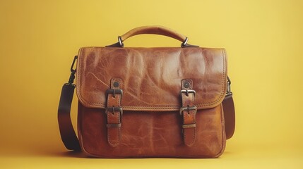A stylish brown leather messenger bag showcases its fine craftsmanship against a bright yellow backdrop