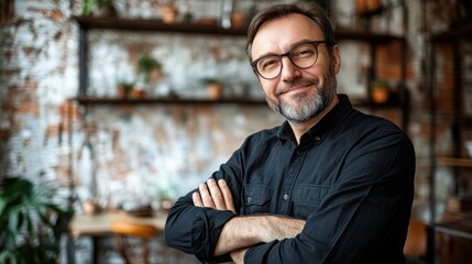Naklejka premium Mature man with a beard and glasses stands confidently with crossed arms in a cozy indoor setting