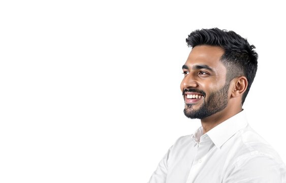 Close-up profile view of a smiling South Asian man with short dark hair, a beard, and wearing a whit