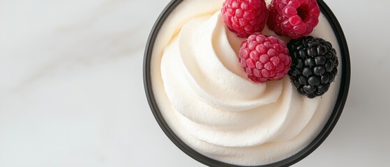 A bowl of whipped cream with raspberries on top