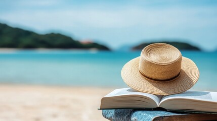 A straw hat rests on an open book by the shore, with scenic views of tranquil waters and distant hills
