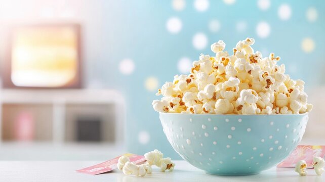 Bowl of popcorn in a polka dot bowl with blurred tv background