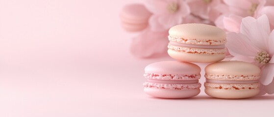 Obraz premium Three pink macarons are on a pink background