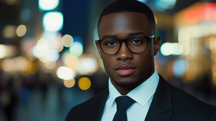 A well dressed man stands confidently in a bustling city at night with bright lights surrounding him