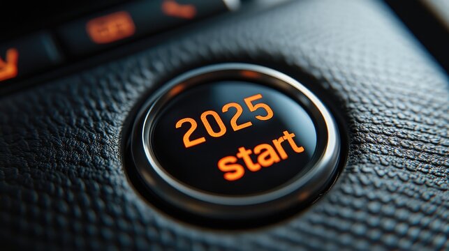Illuminated Start Engine Button on Black Leather Surface with 2025 New Year Message Symbolizing Fresh Beginnings and Innovative Projects