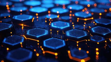 Obraz premium Abstract Blue Background with Glowing Hexagons and Lights