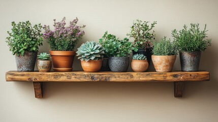 Rustic wooden shelf with various potted herbs and succulents against a beige wall.