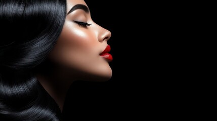 Fototapeta premium Elegant woman showcases glossy black hair and striking red lips in a captivating side profile