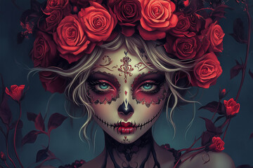 woman with a skull and roses on her head. The skull is decorated with red paint and the roses are red. The woman has a very scary and creepy look on her face