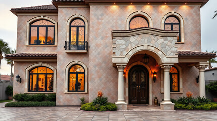 A three-story Mediterranean-style house with tan stucco walls, arched windows and entryway, and a dark brown double door.  Landscaping includes low shrubs and trees. The home is illuminated at dusk.