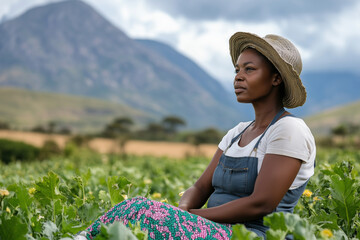 woman wearing a straw hat is sitting in a field of green plants. She is smiling and looking up at the sky