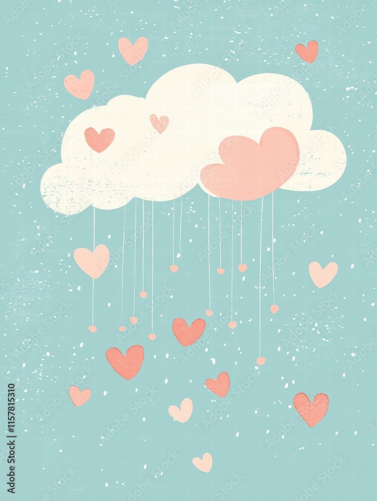 Poster whimsical hand drawn valentine design featuring hearts and a cloud with copy space for romantic mess
