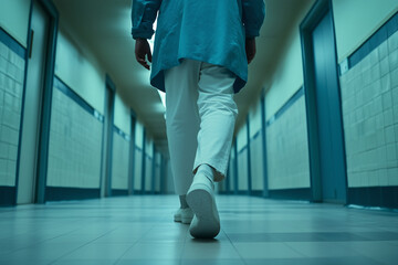 Fototapeta premium person in a white lab coat walks down a hallway. The hallway is dimly lit and the person appears to be in a hurry