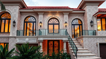 Mediterranean-Style House Exterior with Balcony and Staircase