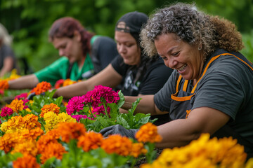 Fototapeta premium Community Gardening Event with Volunteers Planting Flowers Together