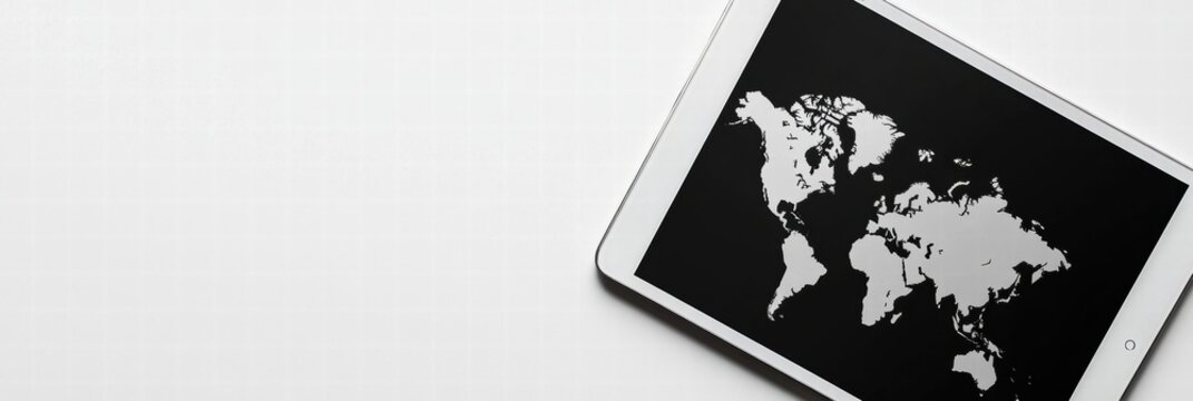 Explore global connections with a tablet showcasing a world map for creative mock up and design purposes. Generative AI - Powered by Adobe