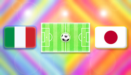 Italy and Japan flag on soccer field with ball.Football match concept against multicolored abstract background.Copy space for text.	