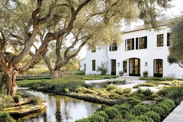Obraz premium The front yard and garden were featured in Architectural Digest magazine. The home is in a white Spanish colonial style with black shutters, olive trees, a small pond, and a large oak tree.