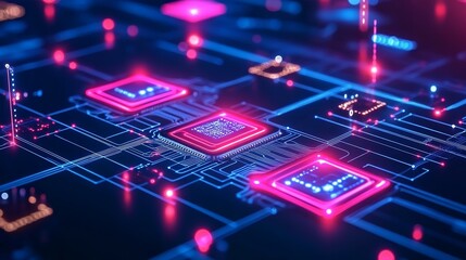 Abstract digital technology background with glowing circuit board.