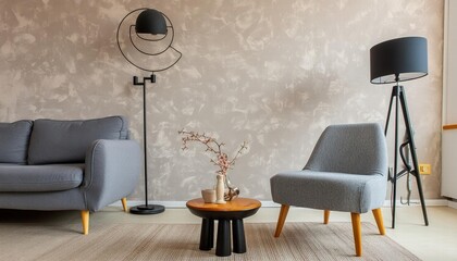 Elegant Modern Living Room Featuring Textured Empty Wall in Neutral Tones Japandi Interior Design Aesthetic with Minimalist Touches and Cozy Atmosphere