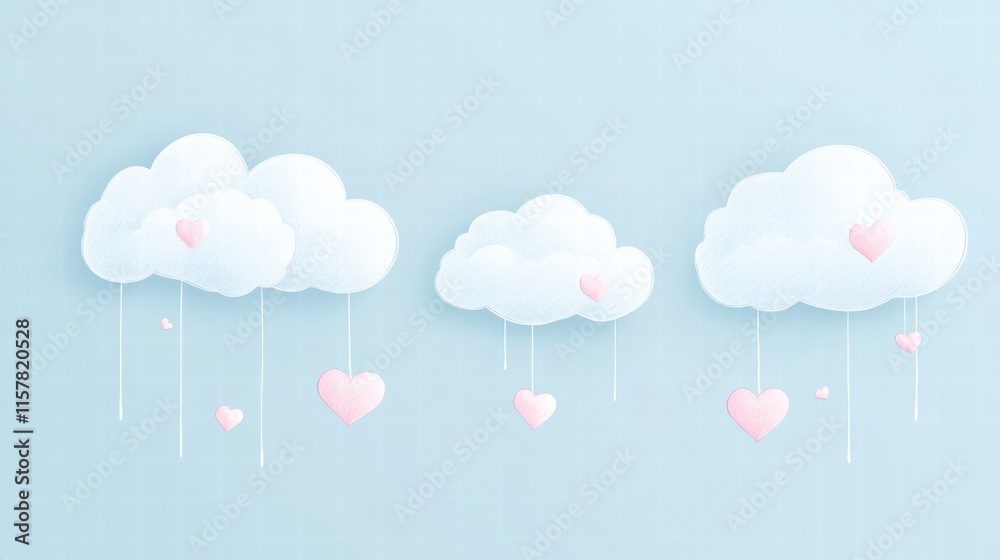 Poster whimsical hand drawn valentines day clouds with hearts and copy space for personalized messages in p