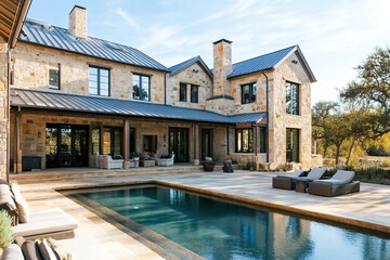 A beautiful, modern farmhouse in the heart of the Texas Hill Country, with an expansive pool and a large back porch. The exterior features stone walls, numerous windows, and black trim.