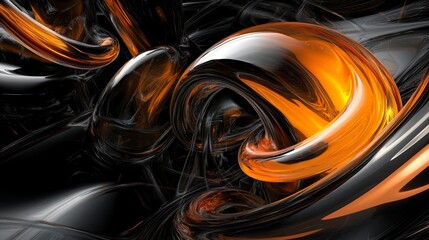 Abstract 3D rendering of swirling metallic forms in black and orange.