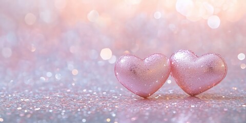 Fototapeta premium Two Hearts on Pink Glitter in a Shiny Background: Valentine's Day Concept