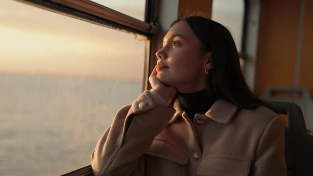 A serene young woman looks out the window, admiring the sunrise during a peaceful ferry trip across the water.