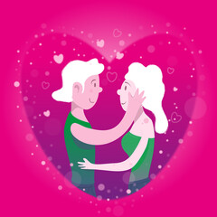 Couple in love hugging, pink heart in the background, bokeh effect