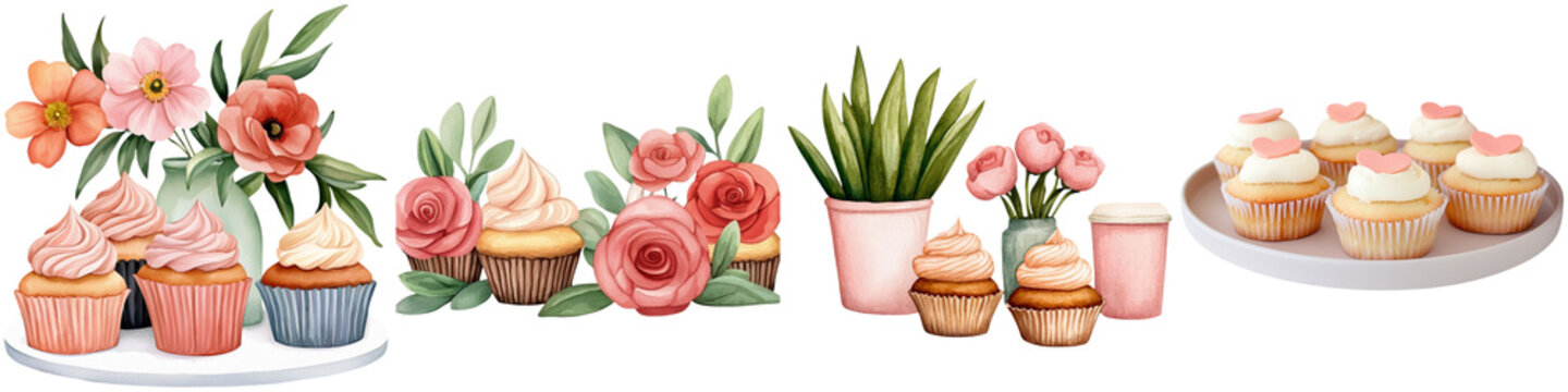 Galantine Day and friendship holiday, A collection of decorated cupcakes and flowers arranged harmoniously, showcasing vibrant colors and delightful designs.