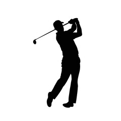 A silhouette of a golfer is captured mid-swing, showcasing the dynamic motion of the gol