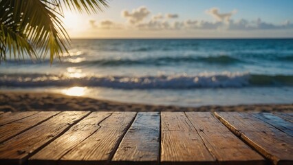 Fototapeta premium Ocean Waves Meeting a Wooden Deck Under a Golden Sunset