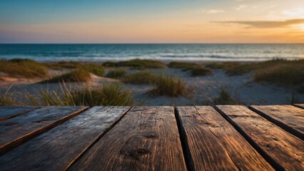 Fototapeta premium a scenic view of a beach at sunset, with a wooden deck in the foreground