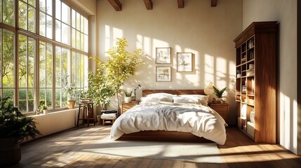 Sun-Drenched Bedroom: Serene 3D Render of a Tranquil Morning. AI Generated