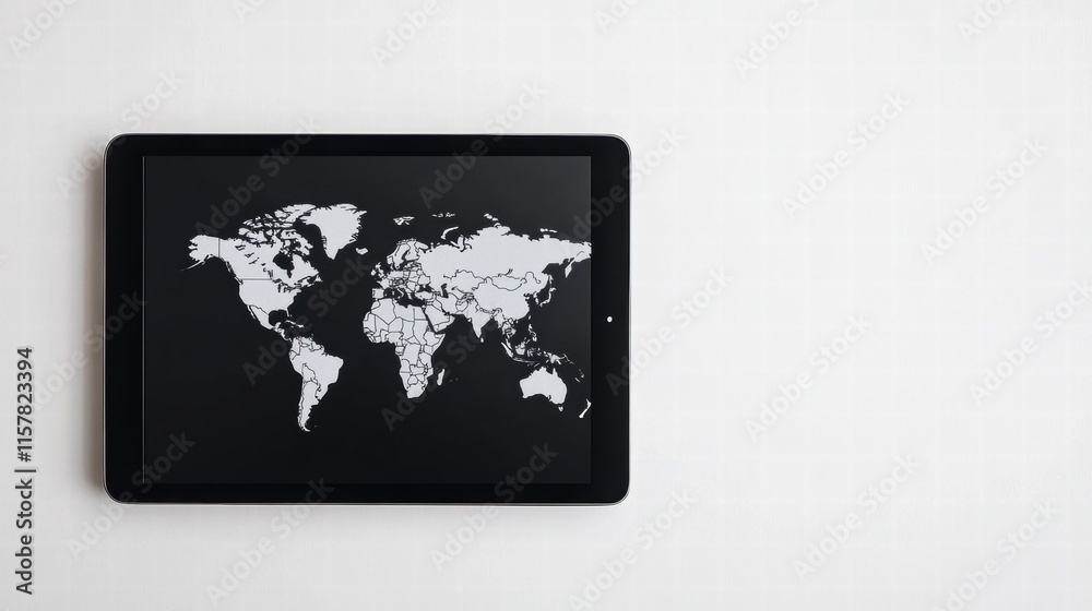 Leinwandbilder modern flat lay showcasing a tablet with a detailed world map against a minimalist background for cr